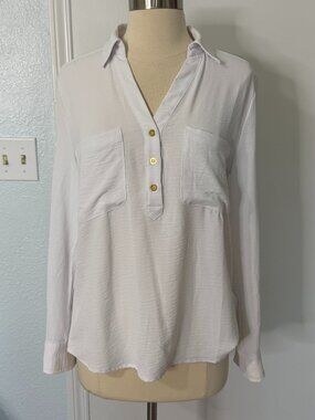 Ellen Tracy White Roll Tab Sleeve Blouse Size S Gold Buttons